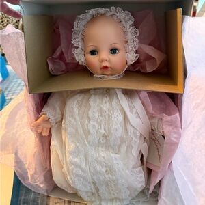 Madame Alexander Vintage Baby Doll in White Lace Gown with Pink Accents